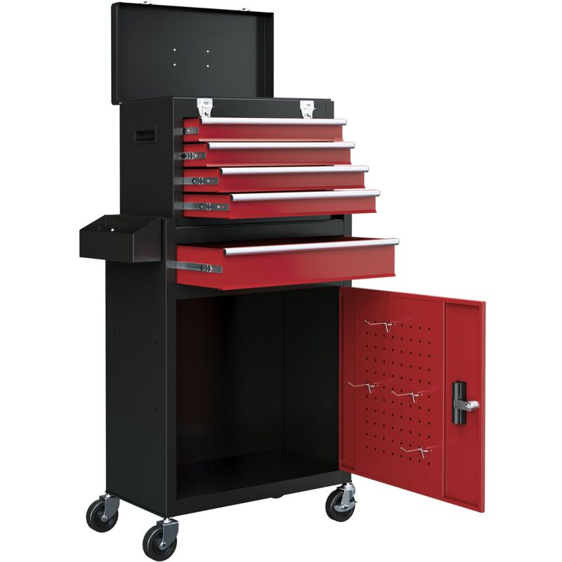 foto del prodotto giordanoshop carrello porta attrezzi 5 cassetti cassetta rimovibile e armadietto con chiave in acciaio rosso e nero