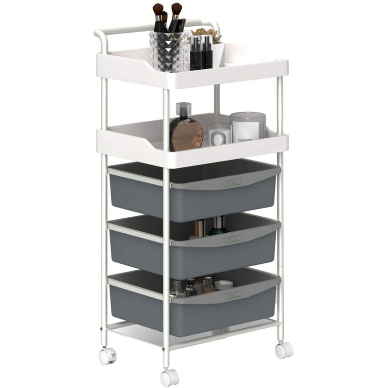 foto del prodotto giordanoshop carrello portaoggetti multiuso 40x34x85 cm con 2 ripiani e 3 vassoi scorrevoli in acciaio e pp bianco e grigio