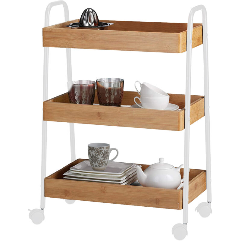 foto del prodotto giordanoshop carrello trolley cucina in metallo 3 ripiani in legno 4 ruote salvaspazio bianco