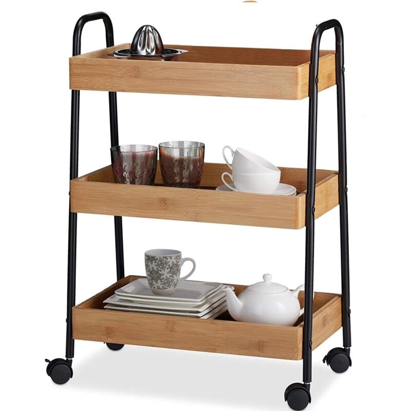 immagine 0 del prodotto giordanoshop carrello trolley cucina in metallo 3 ripiani in legno 4 ruote salvaspazio nero