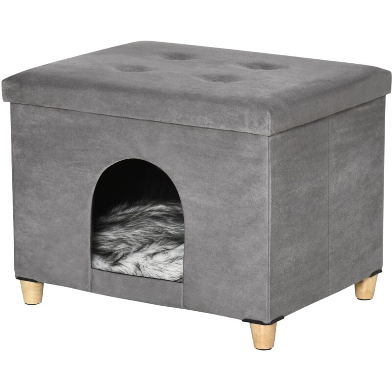 foto del prodotto giordanoshop casetta per gatti pouf poggiapiedi imbottito 60x45x44,5 cm con cuscino rimovibile e lavabile grigio