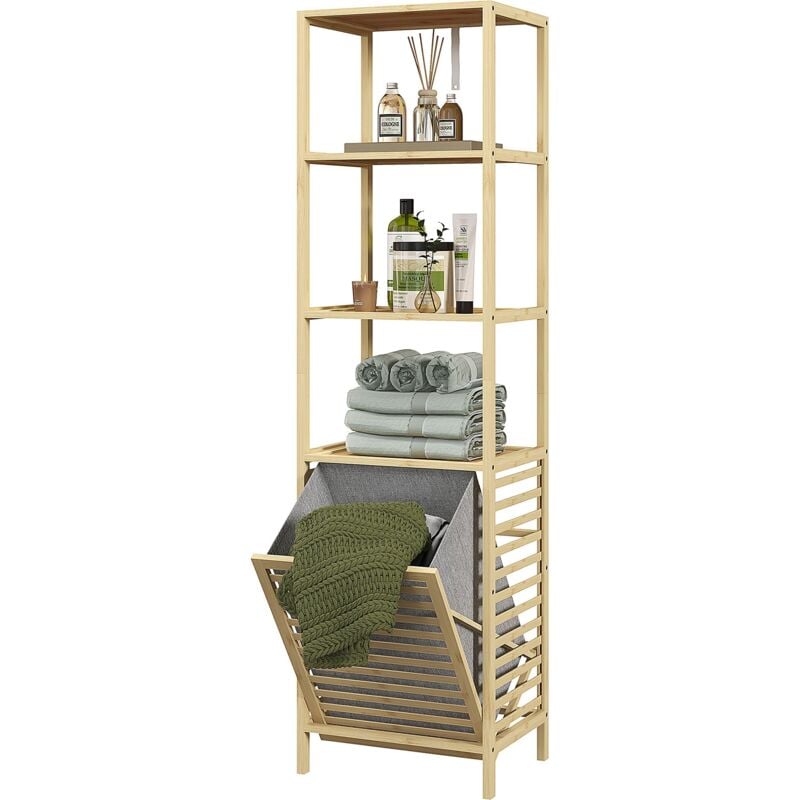 foto del prodotto giordanoshop colonna bagno con 3 ripiani e cesto portabiancheria in tessuto 44x33x160 cm in legno di bamb 