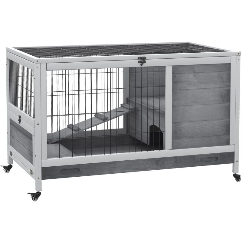 foto del prodotto giordanoshop conigliera 90x53x59 cm con rampa e 4 ruote in legno grigio