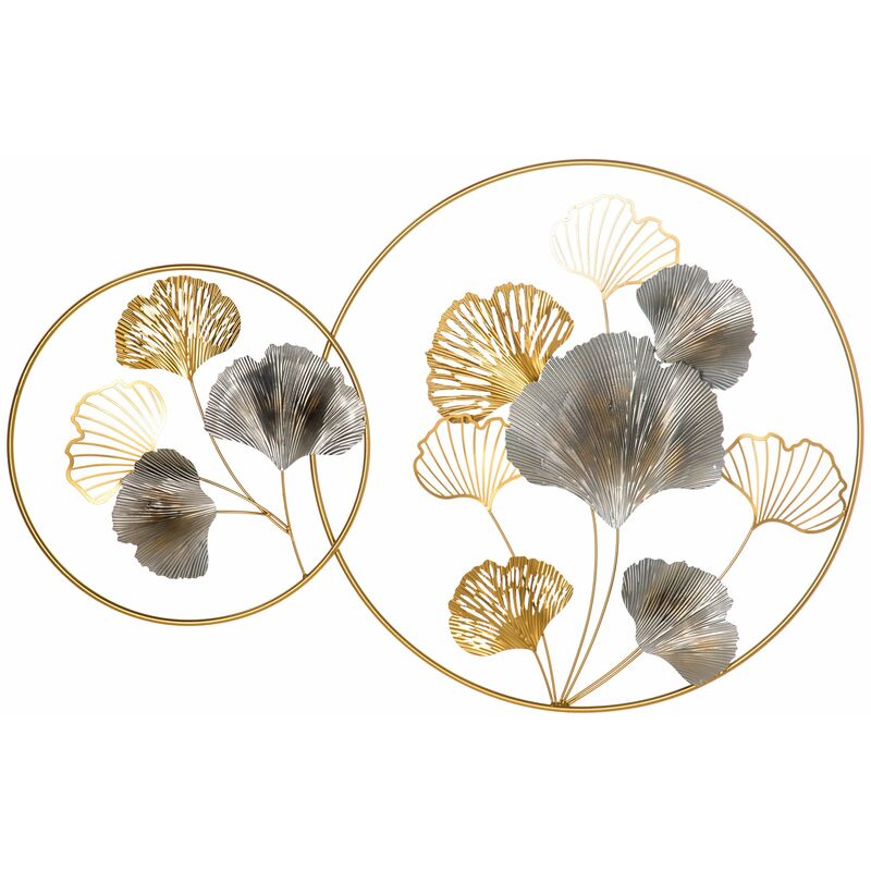 foto del prodotto giordanoshop decorazione murale 3d in metallo 138x70 cm wall art dorata con ginkgo oro e argento