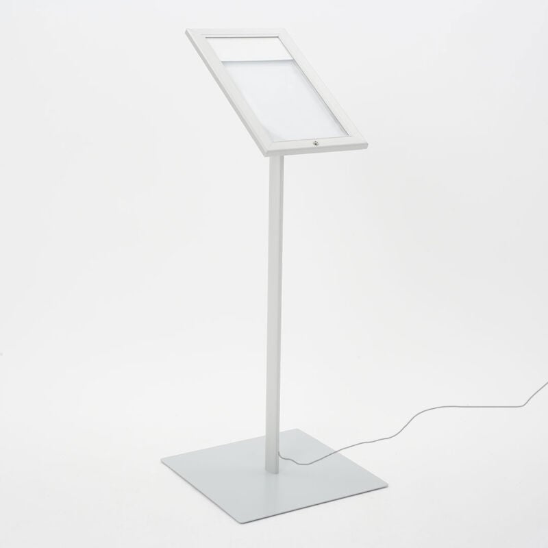 foto del prodotto giordanoshop espositore a leggio con piantana 29x47,7x2,3 cm in alluminio con led porta men silver