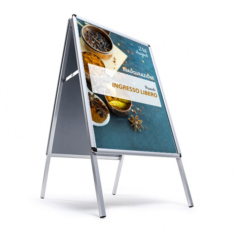 foto del prodotto giordanoshop espositore pubblicitario bifacciale a cavalletto pieghevole 100x140 cm frame 32 in alluminio da esterno antivento silver