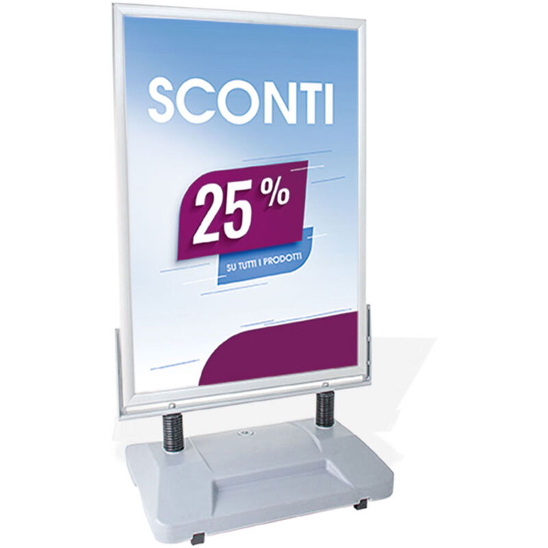 foto del prodotto giordanoshop espositore pubblicitario bifacciale con ruote 70x100 cm in alluminio da esterno antivento silver