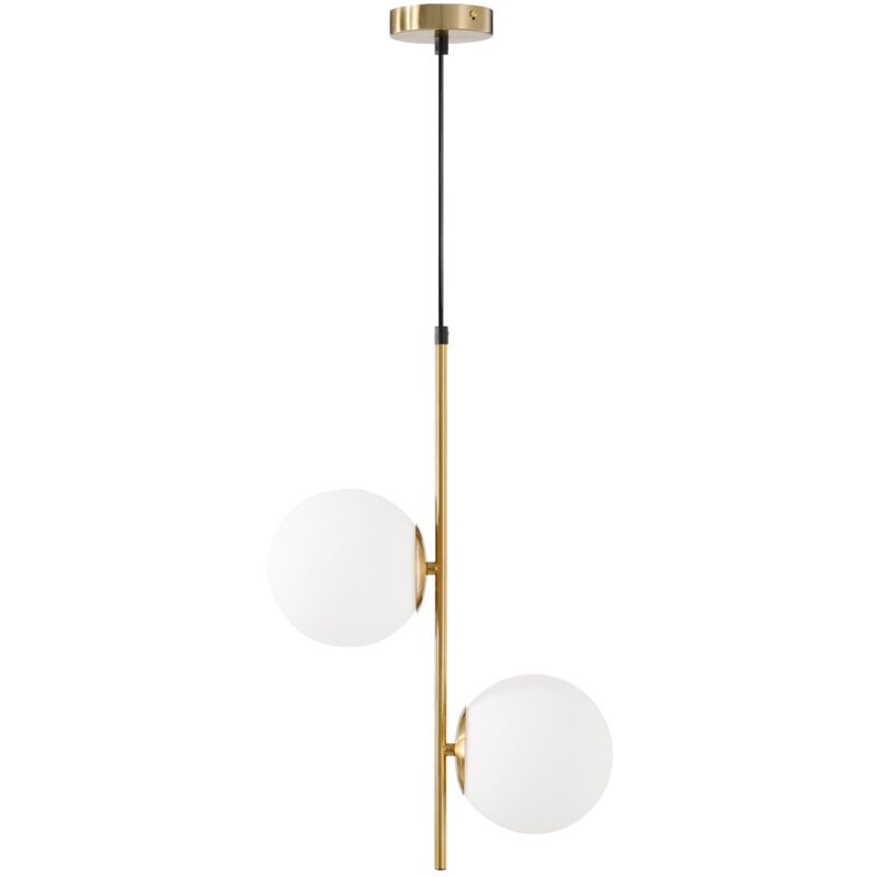 foto del prodotto giordanoshop lampada a sospensione 2 paralumi in vetro sferici bianchi filo regolabile 32x15x51 cm in metallo oro