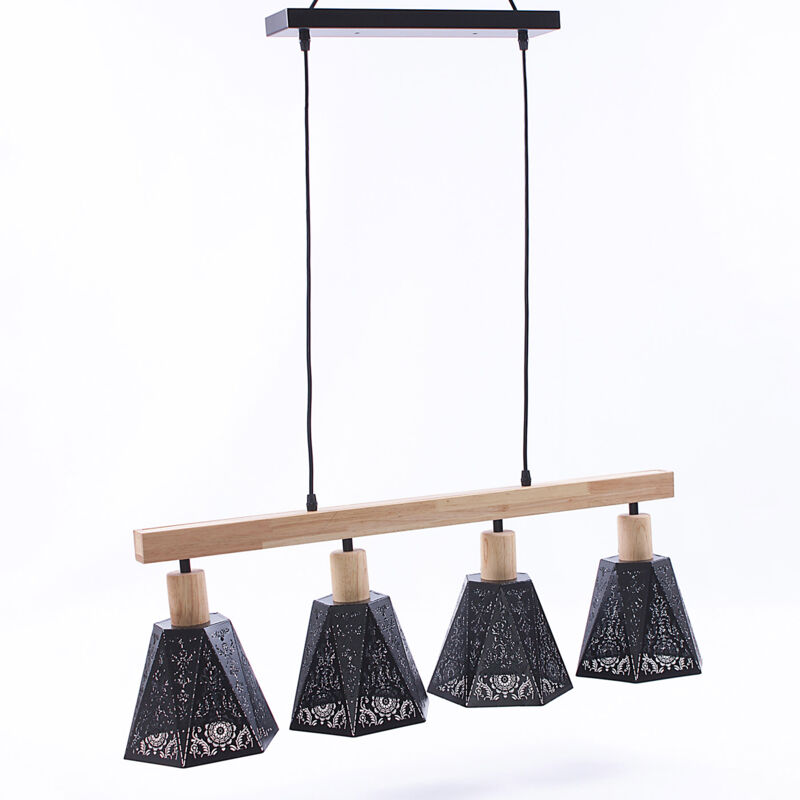 foto del prodotto giordanoshop lampadario a 4 luci 90x18xh30 cm in metallo nero e legno naturale