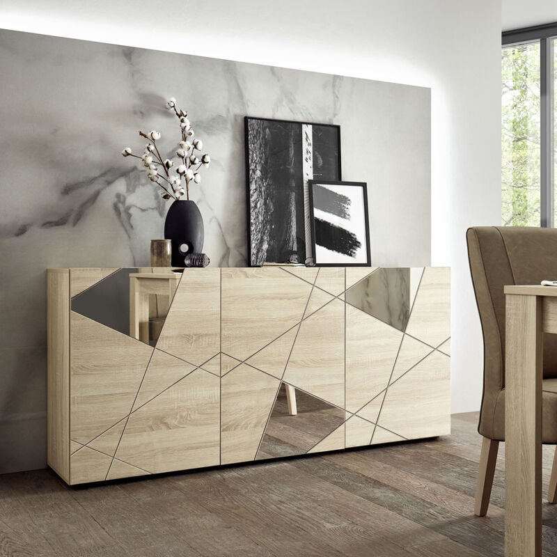 foto del prodotto giordanoshop madia design moderno 3 ante con serigrafie e specchi vittoria 181x42x84 cm rovere samoa