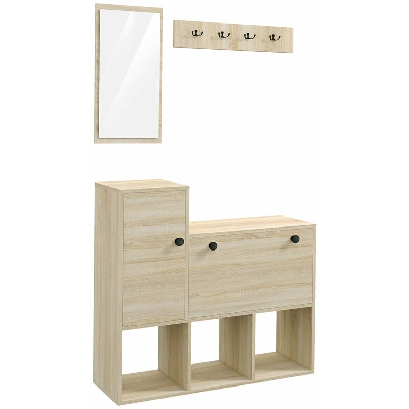 foto del prodotto giordanoshop mobile ingresso 3 in 1 con scarpiera appendiabiti e specchio colore legno naturale e nero