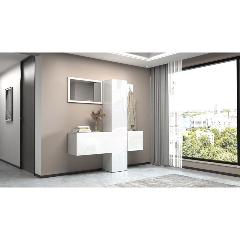 foto del prodotto giordanoshop mobile ingresso appendiabiti e specchio 170x35x191 cm kompact bianco lucido