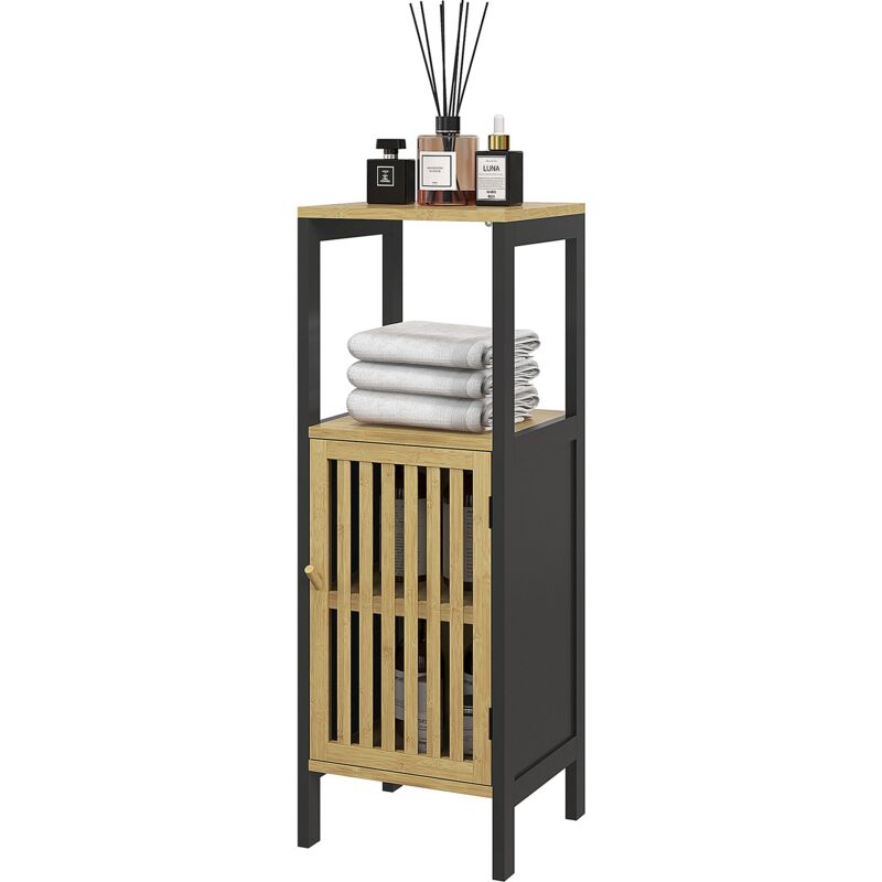 foto del prodotto giordanoshop mobiletto bagno con ripiano aperto e armadietto 32x30x90,5 cm in mdf e bamb nero e color legno
