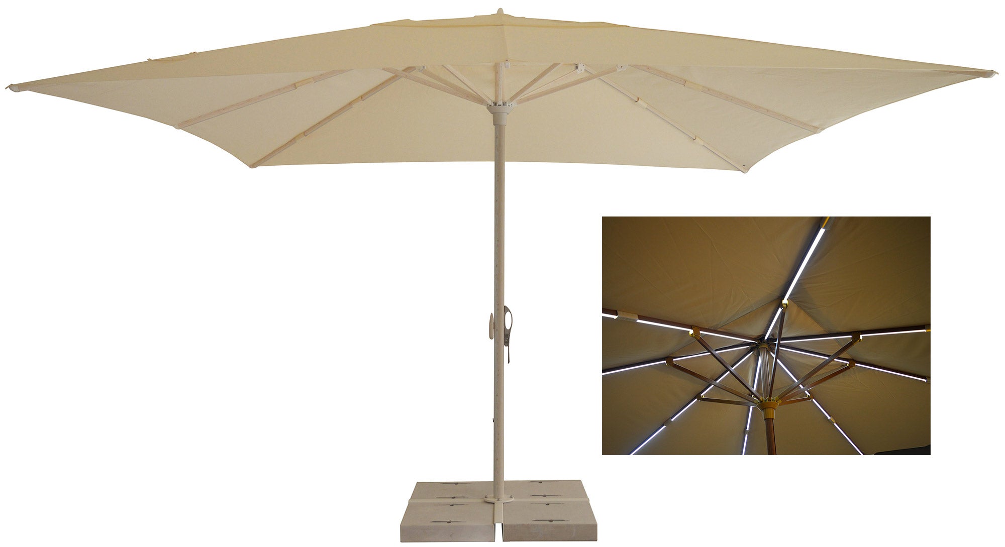 foto del prodotto giordanoshop ombrellone da giardino 4x4 m palo 60 mm con led in alluminio legno larice telo in poliestere avorio