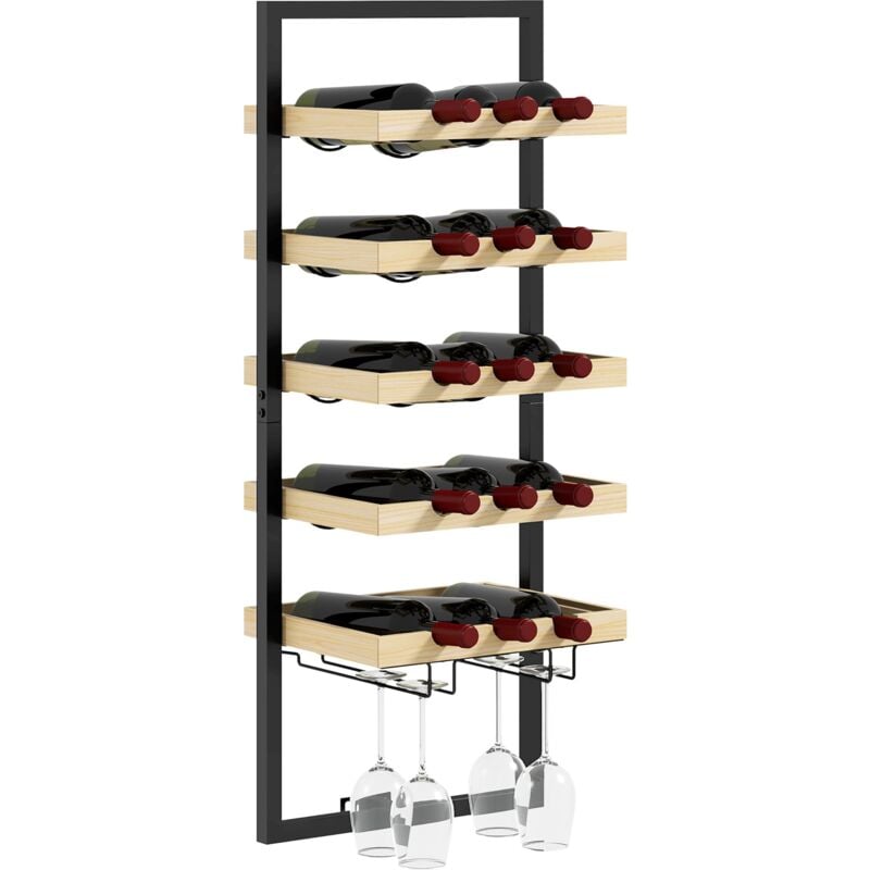 foto del prodotto giordanoshop portabottiglie da parete per 15 bottiglie e 4 calici 35x25x86cm in legno e acciaio