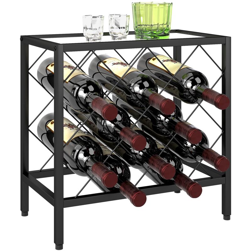 foto del prodotto giordanoshop portabottiglie vini per 10 bottiglie 41x22x41 cm con piano d appoggio in vetro in acciaio nero