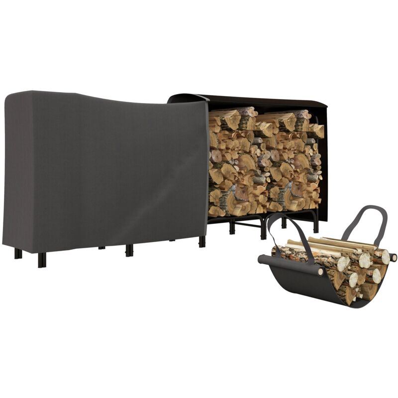 foto del prodotto giordanoshop portalegna per camino da interno ed esterno con telo porta legna e copertura 240x36x99 cm in metallo nero