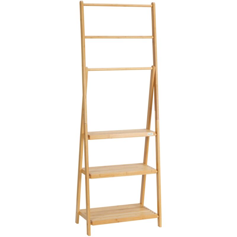 foto del prodotto giordanoshop portasciugamani bagno multiuso 53x30,5x152 cm pieghevole con 3 barre e 3 ripiani in legno naturale
