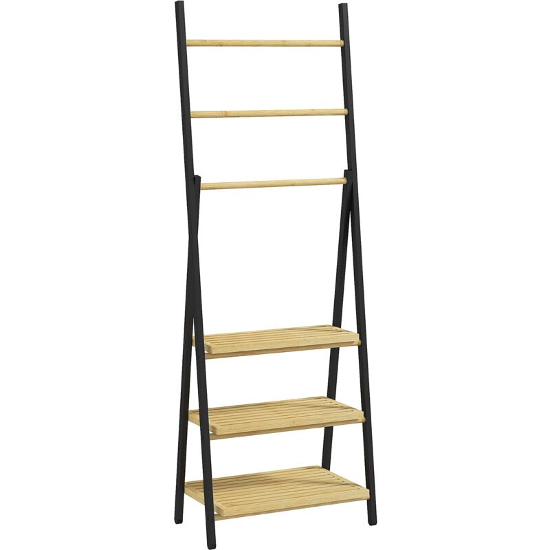 foto del prodotto giordanoshop portasciugamani da terra pieghevole 3 barre e 3 ripiani 53x31x153 cm in bamb e acciaio nero