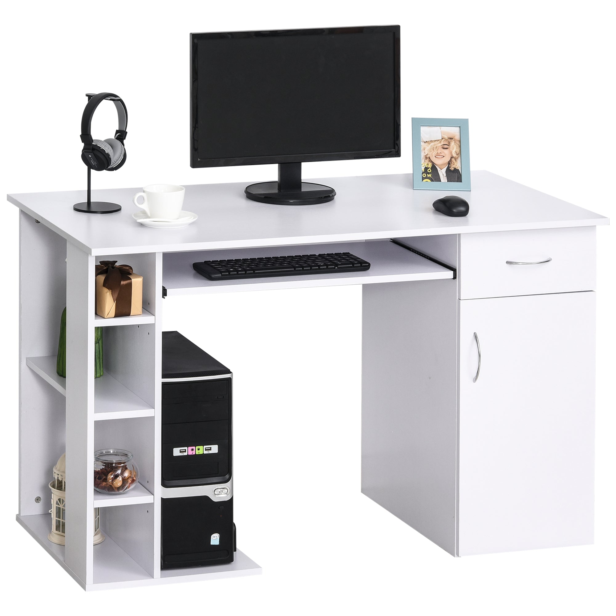 foto del prodotto giordanoshop scrivania da ufficio porta pc 120x60x74 cm con mensole ripiano tastiera bianca