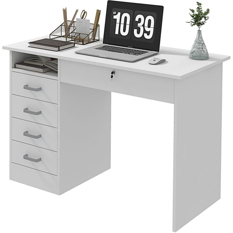 foto del prodotto giordanoshop scrivania moderna 5 cassetti con serratura e 2 chiavi 110x50x76 cm in truciolato bianco