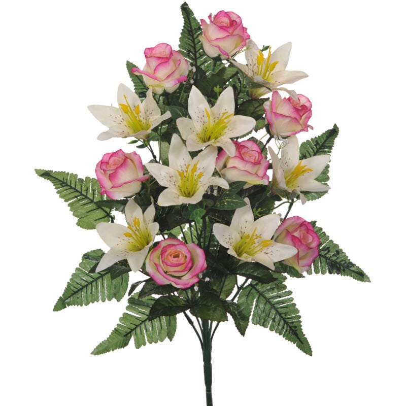foto del prodotto giordanoshop set 2 bouquet artificiali frontale composto da 14 rose e lilium h 55 cm
