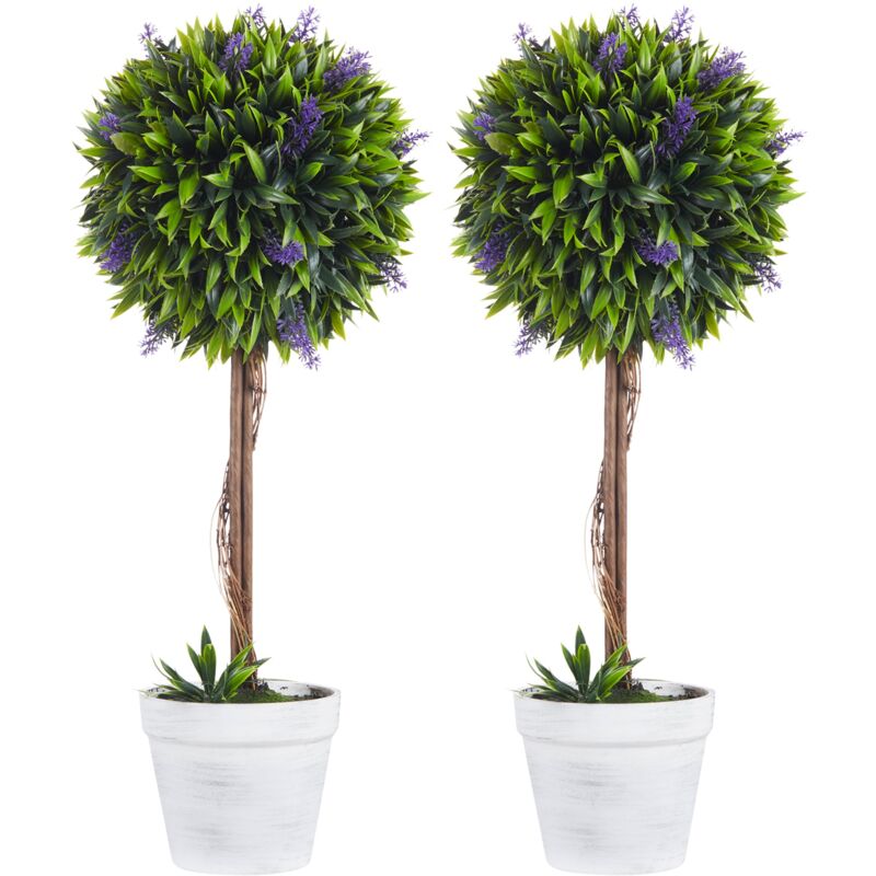 foto del prodotto giordanoshop set 2 piante artificiali 24x60 cm verdi a sfera con fiori di lavanda e vaso con muschio e cemento