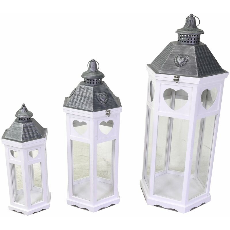 foto del prodotto giordanoshop set 3 lanterne in legno in metallo bianco argento esagonale