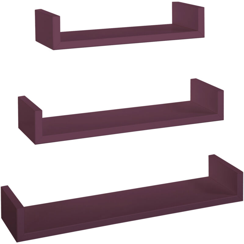 foto del prodotto giordanoshop set 3 mensole da parete 60 50 40x15,5x8 cm in fibra di legno calamita viola melanzana