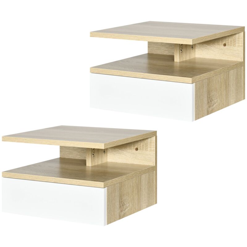 foto del prodotto giordanoshop set da 2 comodini sospesi con cassetto e ripiano superiore 35x32x22,5 cm in legno bianco e rovere