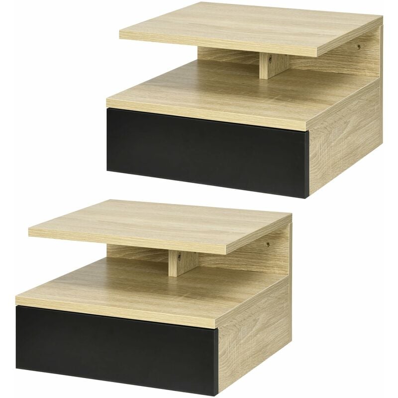 foto del prodotto giordanoshop set di 2 comodini sospesi moderni con cassetto e mensola superiore 35x32x22,5 cm rovere e nero