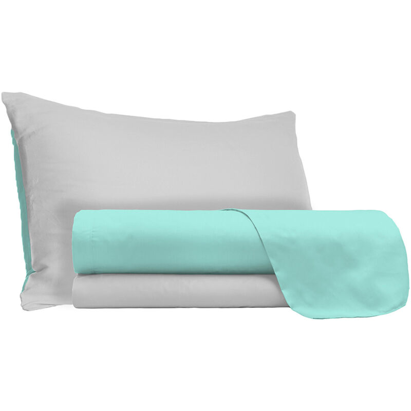 foto del prodotto giordanoshop set lenzuola 1 piazza e mezzo sopra sotto e federe doubleface verde acqua grigio chiaro