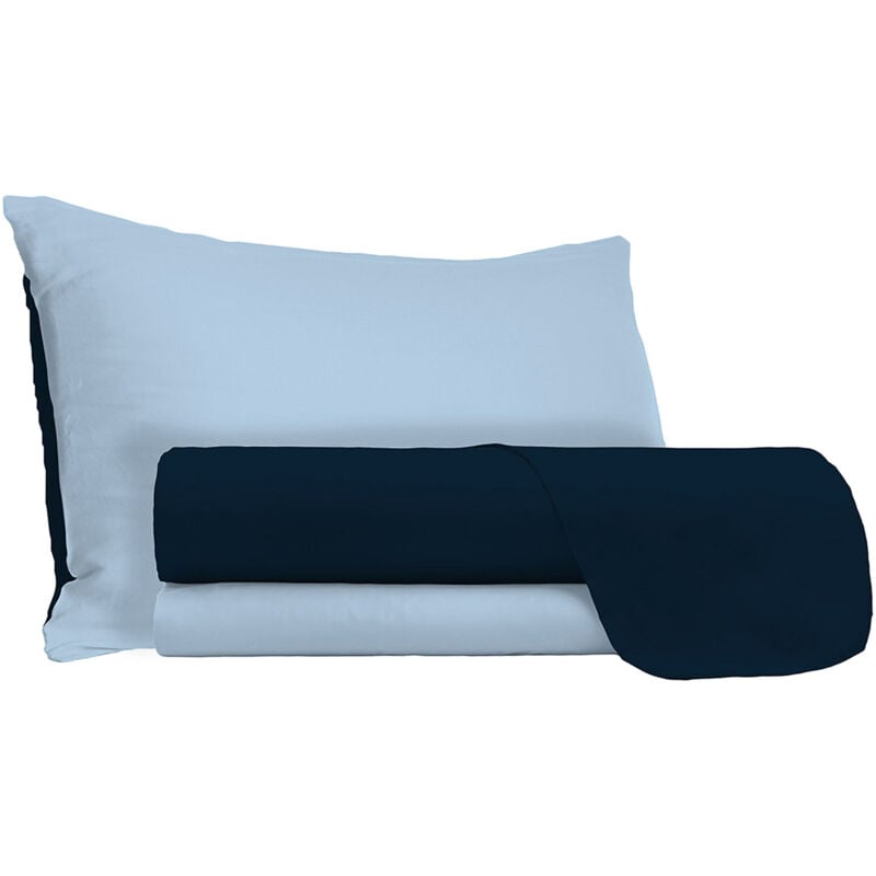 foto del prodotto giordanoshop set lenzuola singolo sopra sotto e federe doubleface blu scuro azzurro