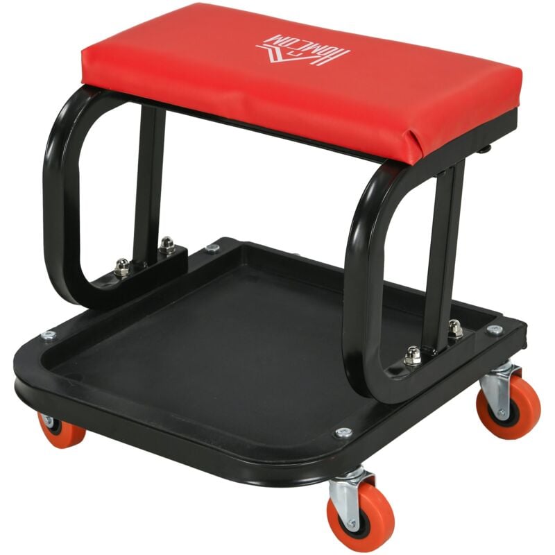 foto del prodotto giordanoshop sgabello da officina imbottito con ruote e vassoio porta attrezzi 38x35x37 cm in acciaio e pu rosso