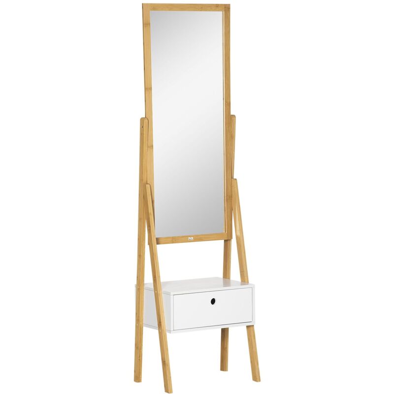 foto del prodotto giordanoshop specchio da terra 45x30x160 cm con cassetto in mdf e bamb bianco e color legno