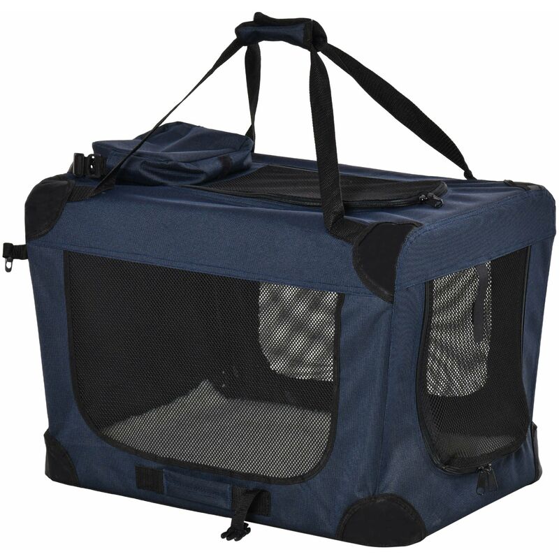 foto del prodotto giordanoshop trasportino per cani a 3 ingressi 70x51x50 cm con cuscino e sacche portaoggetti in tessuto oxford blu scuro
