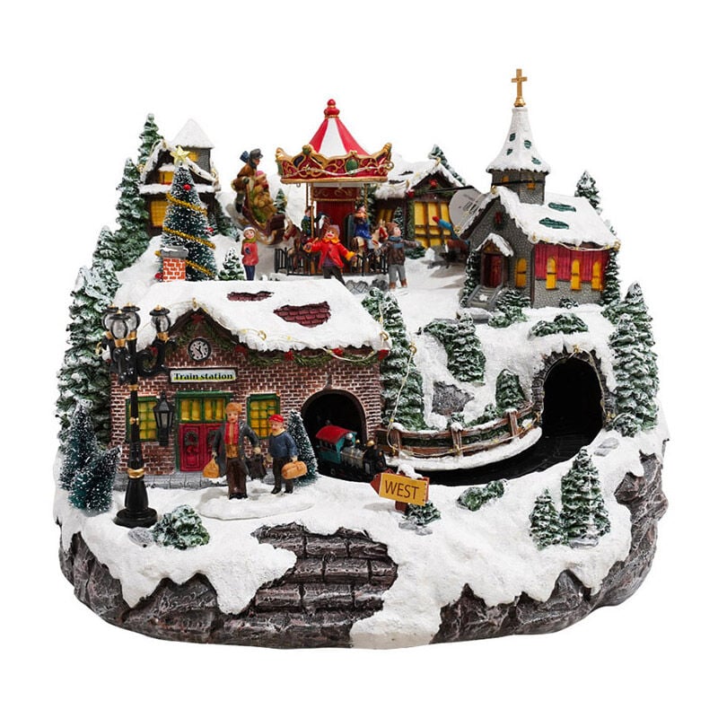 foto del prodotto giordanoshop villaggio natalizio 34x33x38 cm in resina con trenino in movimento musica e luci