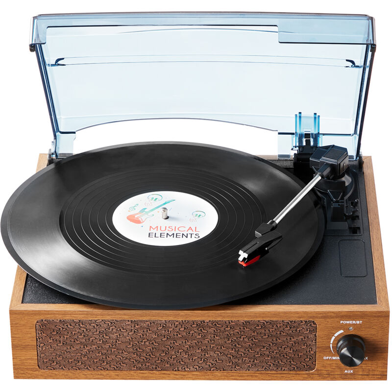 foto del prodotto giradischi in vinile, giradischi 3 velocita, altoparlanti stereo integrati 3 w trasmissione a cinghia, cartuccia magnetica, supporto 33 45 78 giri in