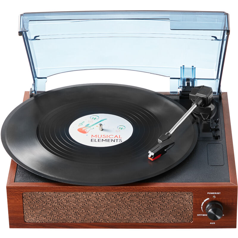 foto del prodotto giradischi in vinile, giradischi 3 velocita, altoparlanti stereo integrati 5 w trasmissione a cinghia, cartuccia magnetica, supporto 33 45 78 giri in