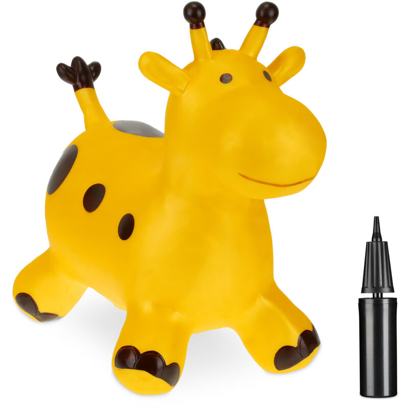 foto del prodotto giraffa gonfiabile per bambini, animale saltellante, fino a 50 kg, bpa free, con pompa manuale, giallo marrone relaxdays