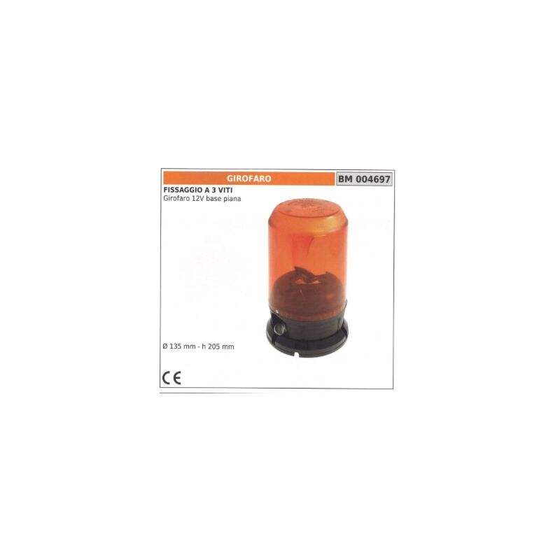 foto del prodotto girofaro 12v base piana fissaggio a 3 viti 135 mm altezza 205 mm 004697