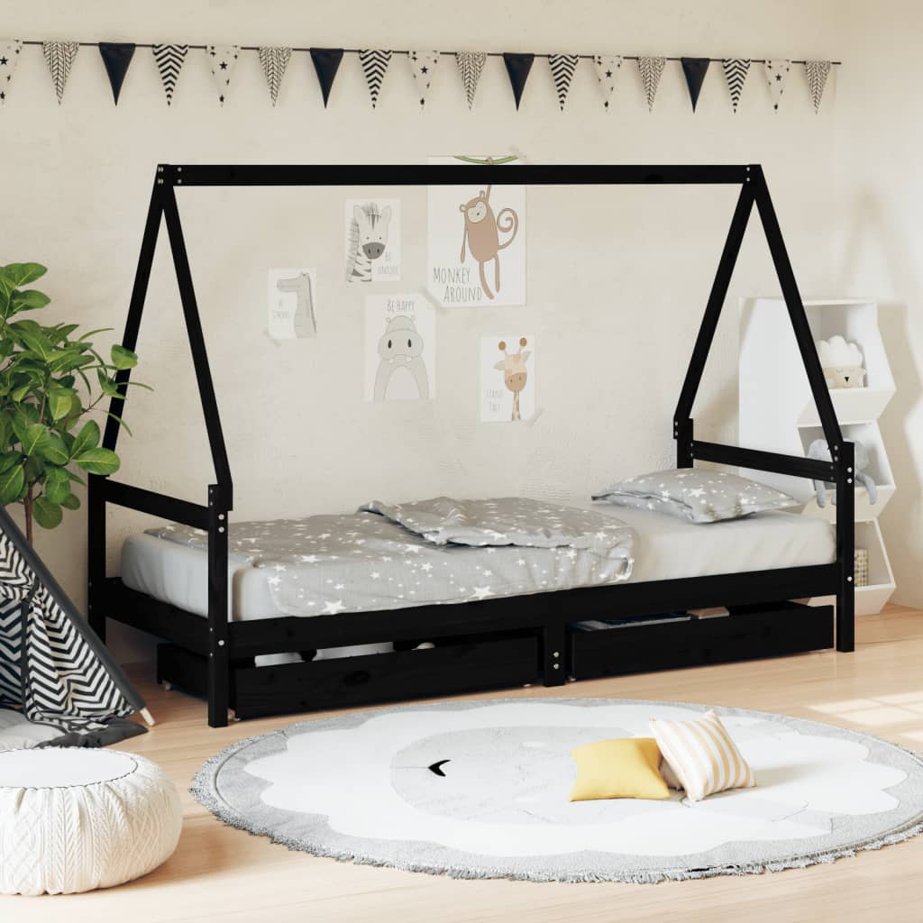 foto del prodotto giroletto bambini con cassetti nero 80x200cm massello di pinocod mxl 128212