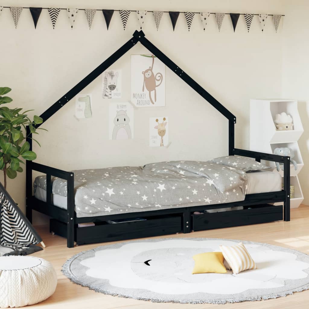 foto del prodotto giroletto bambini con cassetti nero 80x200cm massello di pinocod mxl 70894