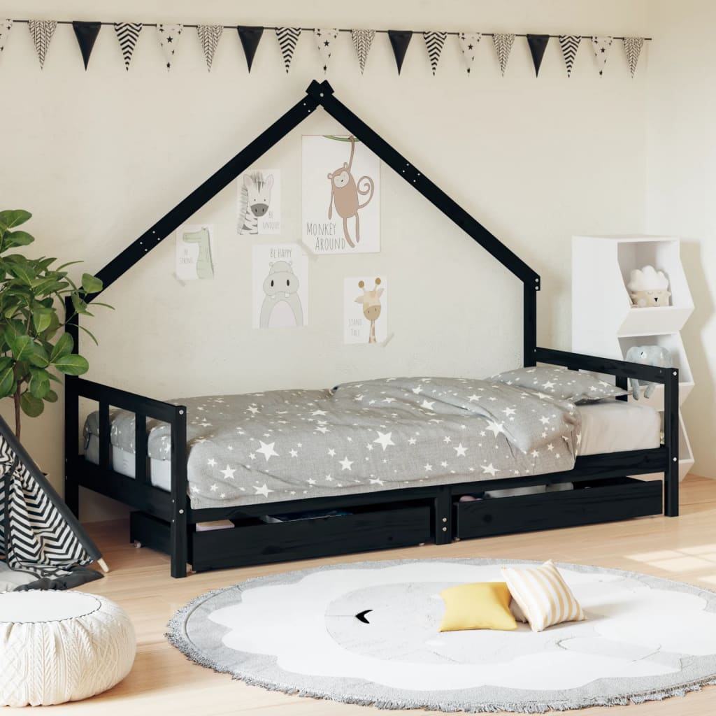 foto del prodotto giroletto bambini con cassetti nero 90x200cm massello di pino