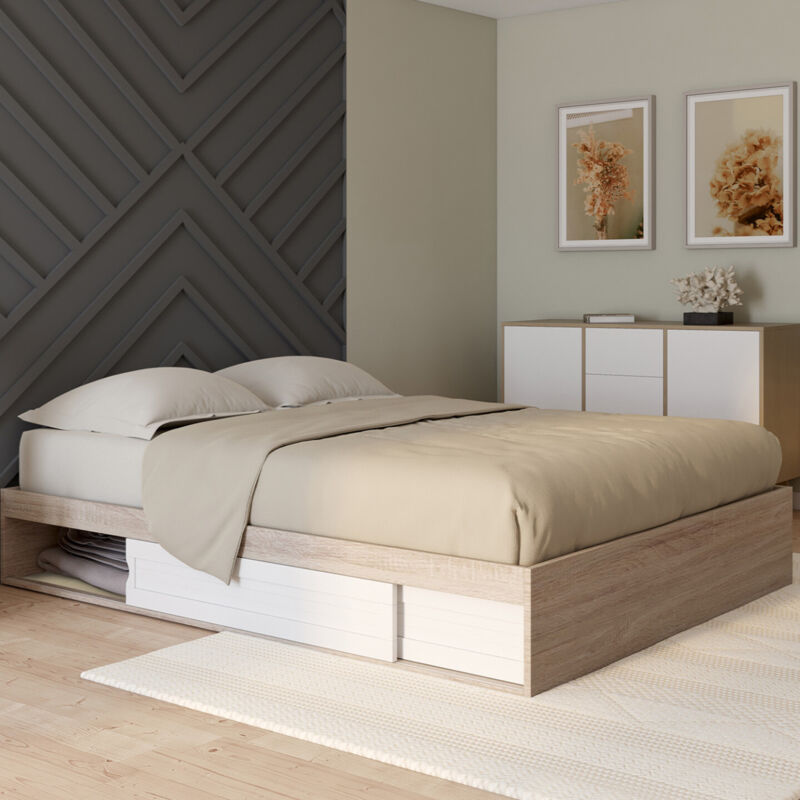foto del prodotto giroletto salem con contenitore e base 140 x 190 cm effetto legno e bianco