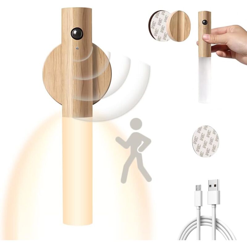 foto del prodotto gistuch - lampada da parete in legno con sensore di movimento ricaricabile tramite usb bianco caldo senza fili con interruttore per camera da letto, corridoio, tromba delle scale (confezione da 1 pz)