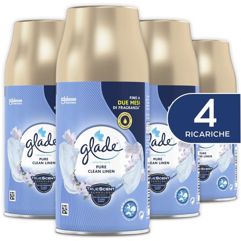 foto del prodotto glade automatic spray ricarica, profumatore per ambienti, fragranza pure clean linen, formato scorta da 4 ricariche da 269 ml