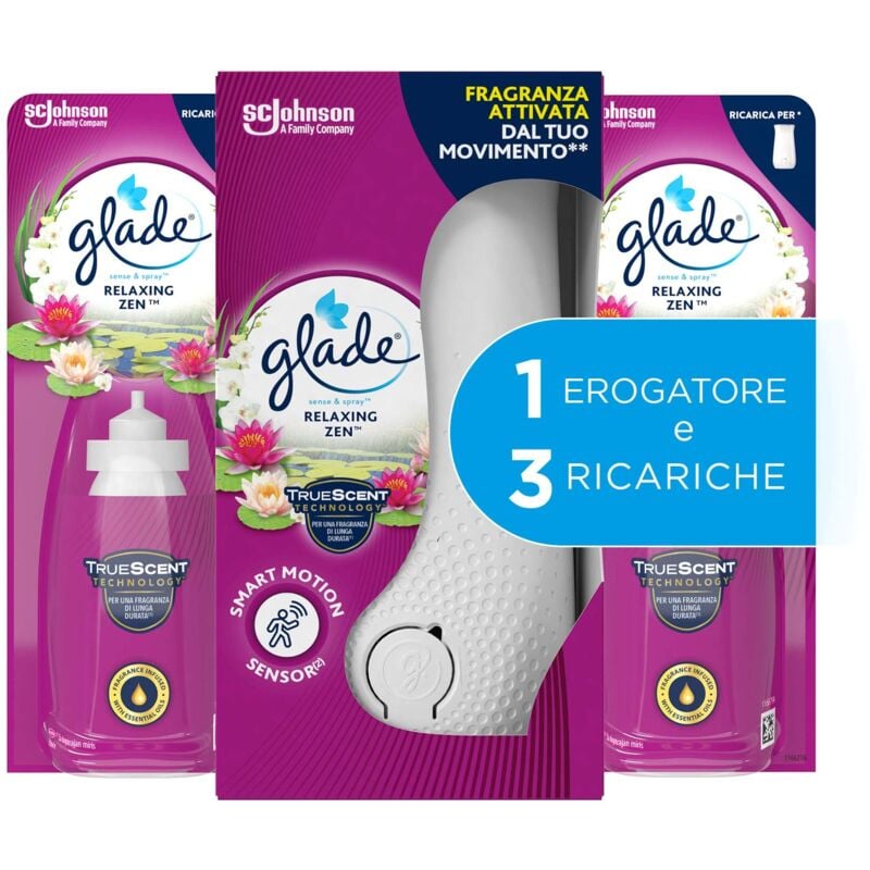 foto del prodotto glade sense spray profumatore per ambienti con oli essenziali e sensore di movimento, fragranza relaxing zen, 1 diffusore e 3 ricariche, 2 pile aa