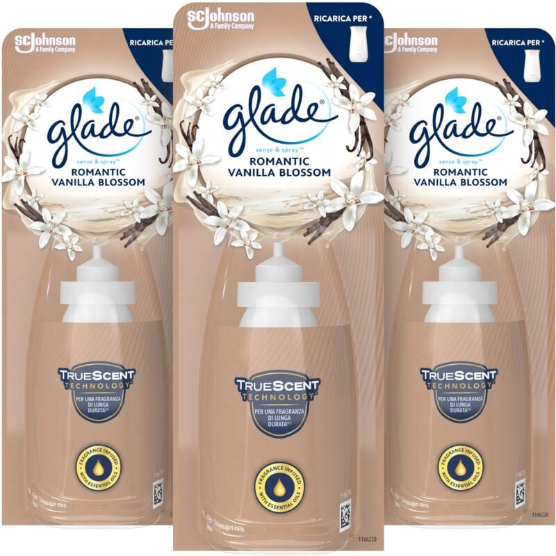 foto del prodotto glade sense spray, profumatore per ambienti con oli essenziali e sensore di movimento, fragranza romantic vanilla blossom, 3 ricariche