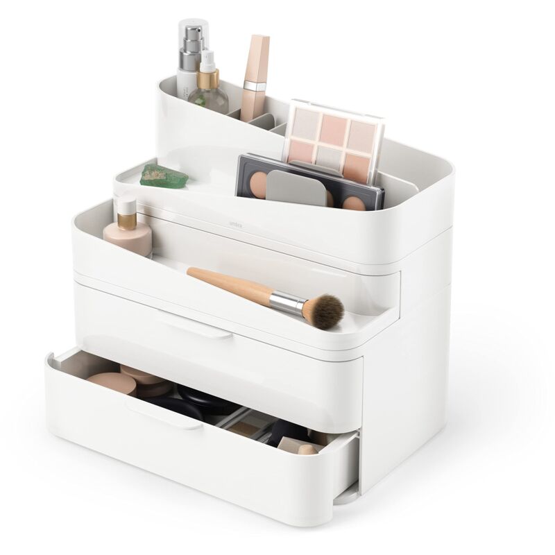 foto del prodotto glam organizzatore per cosmetici, modulare con 3 cassetti e divisori rimovibili, colore bianco umbra